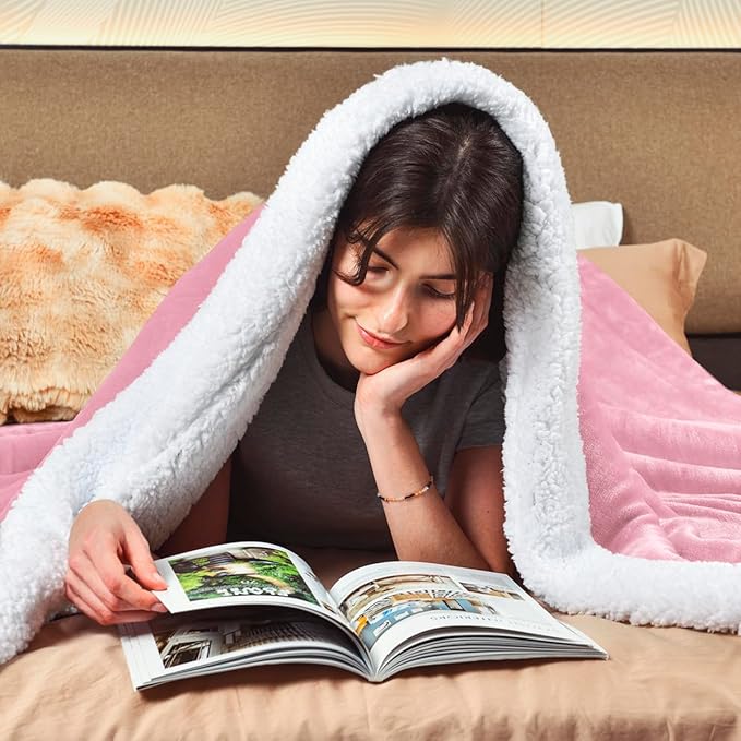 KAWAHOME Sherpa Fleece King Size Blanket for Bed - Extra Warm and Heavy Thick Blankets for Winter, Super Soft 500GSM Plush Blanket, 108" X 90" Pink