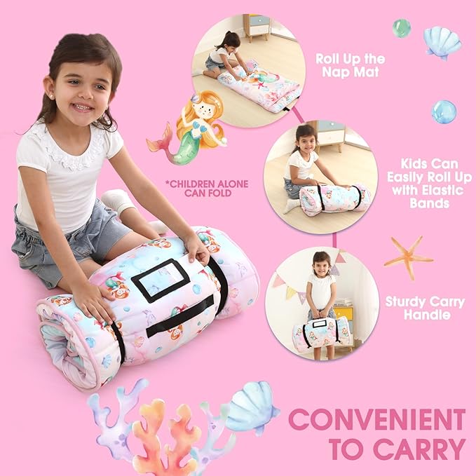 ACRABROS Toddler Nap Mat with Pillow and Blanket, Large Rolled Napping Mats,Slumber Bags for Boys Girls,Kids Sleeping Bag for Daycare, Preschool Travel