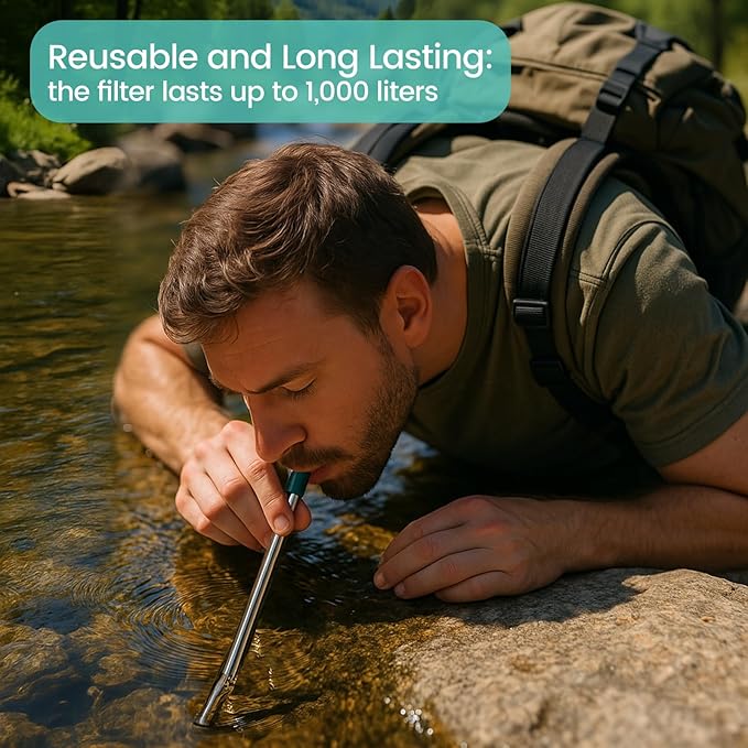 Sursip Portable Water Filter Straw Reusable Stainless Steel Outdoor Emergency Survival Gear for Camping & Hiking Travel Personal Water Purifier Filter Straw
