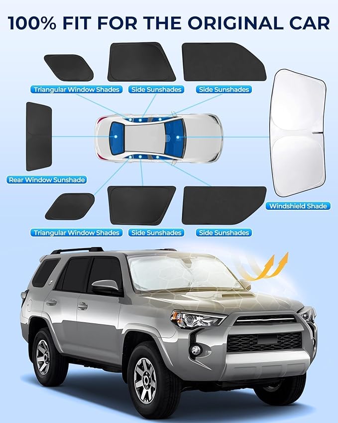 for Toyota 4Runner 2010-2024 Car Window Shades, 8pcs Privacy Sun Shade Set for Front Windshield Side and Rear Windows, Full Window Covers Keeps Vehicle Cool for Camping Napping