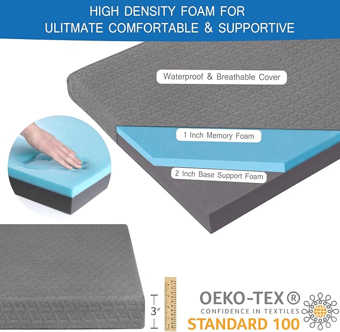 Memory Foam Camping Mattress Pad 3 Inch Thick, Portable Sleeping Pad with Waterproof Cover, Portable Roll Up Cot Mattress Pad Floor Mat for Travel Truck Bed Tent 72" x 24"x 3"