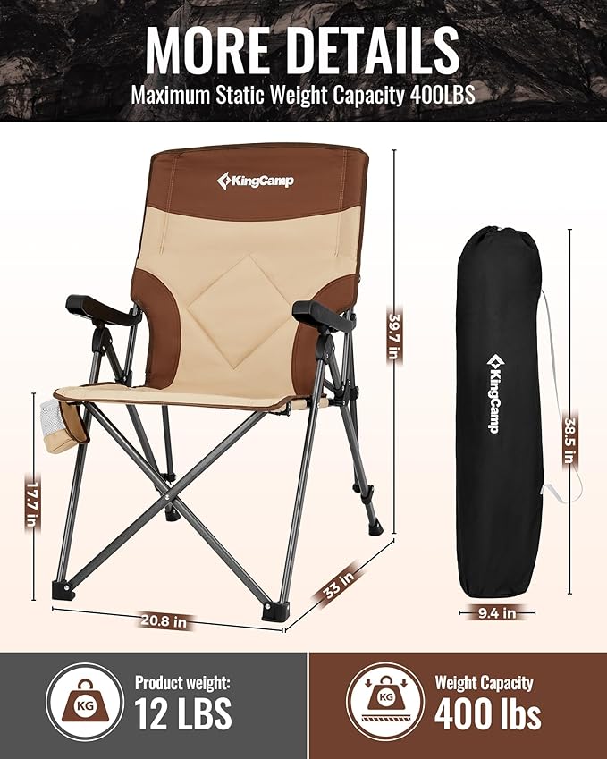 KingCamp Folding Camping Chair Adjustable 3-Position, Reclining Outdoor High Back Camp Chair with Hard Armrests, Heavy Duty Portable Chair, Dual-Layer Padded Seat & Storage for Camping, Lawn, Backyard