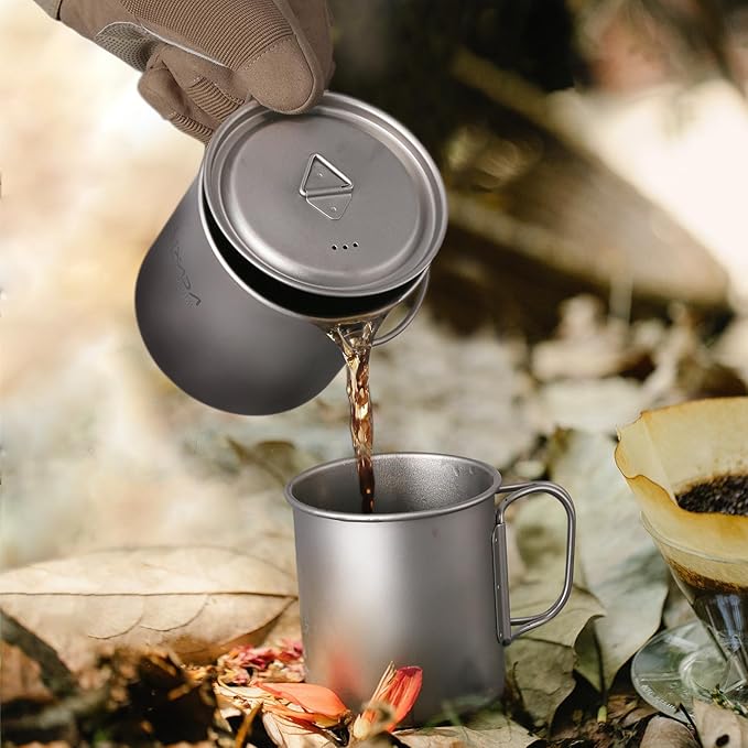 Lixada Titanium Camping Cookware with Folding Spork, 750ml Camping Titanium Pot & 450ml Coffee Mug with Foldable Handle & Lid, Portable Outdoor Cookware Set for Backpacking Hiking Cooking
