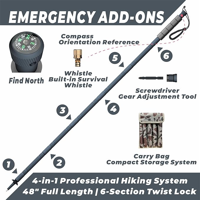GoldPig 48" Modular Aluminum Tactical Hiking Stick – 6-Piece Walking Stick with Compass, Screwdriver & Whistle, Tungsten Tip, Carry Pouch for Trail, Travel & Everyday Walks