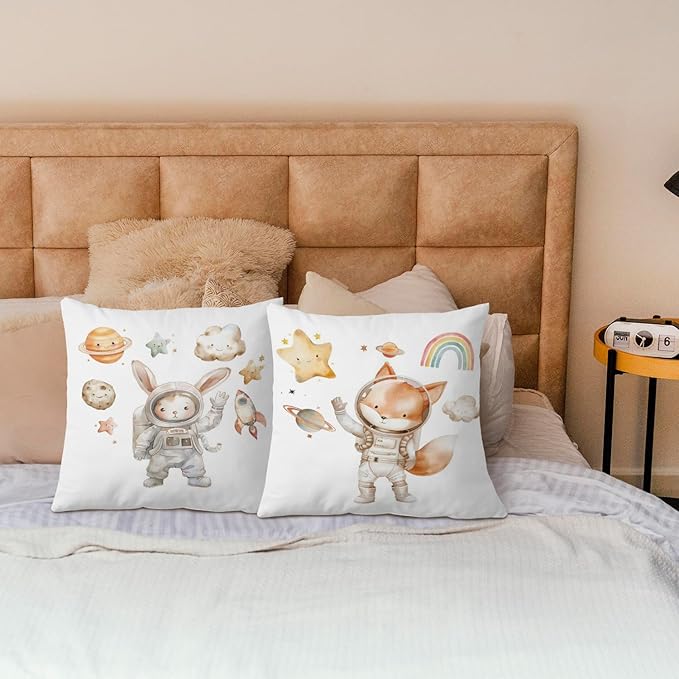 SPBL&L Fox Bunny Astronaut Nursery Pillow Covers 18x18 Set of 2, Space Nursery Decor, Space Planets Cosmic Animal Decorative Throw Pillow Covers for Kids Boys Girls Room Playroom