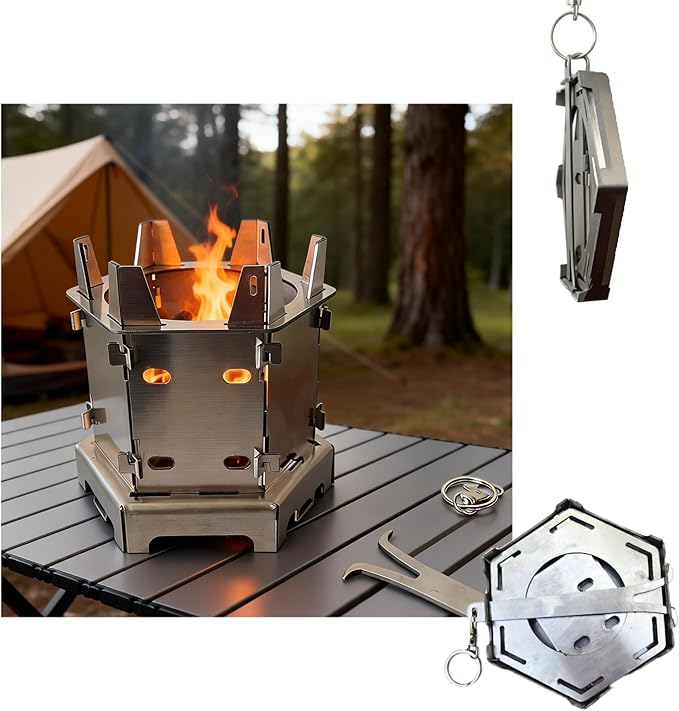 Portable Hexagonal Camping Stove - Slim Foldable Stainless Steel Card Stove, Compatible with Alcohol Burner & Wood, Lightweight Outdoor Cooking Stove, Space-Saving Flat-Pack Gear for Backpacking & BBQ