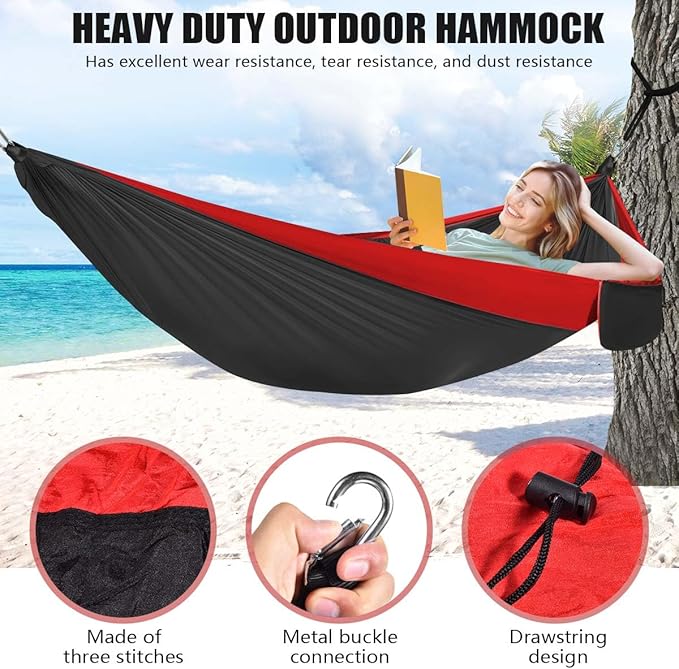 OBTANIM Camping Hammock 500lbs Portable Lightweight Single or Double Hammock with Tree Straps and Carry Bag for Camping Backpacking Hiking Travel Beach Outdoor Indoor (Red and Black)