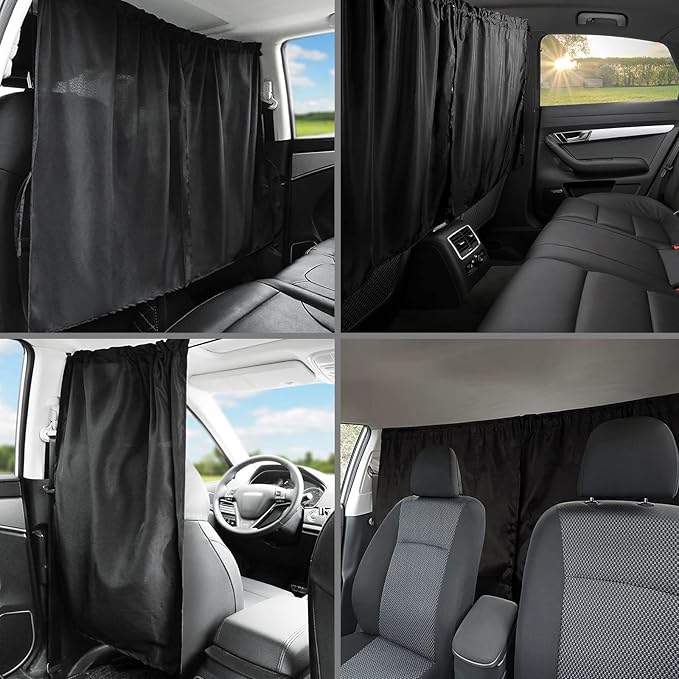 Car Privacy Curtain - Universal Auto Divider Between Rear Seat, Blackout Sun Shades, Side Window Covers for Travel, Camping, Nap, Sleeping (1Pc)