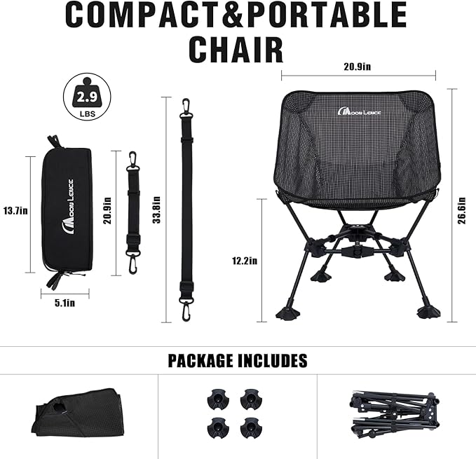 MOON LENCE Portable Camping Chair Backpacking Chair Ultralight Folding Chairs with Tear Resistant Fabric， Detachable Anti-Sinking Feet for Beach, Black