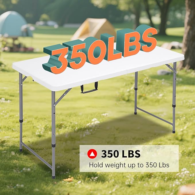 Folding Camping Table 4 Foot Adjustable Height 350lbs, 4FT Folding Picnic Card Table for Outdoor, Plastic Rectangular Dining Work Tables for Indoor, Heavy Duty Fold-in-Half Tray Tables