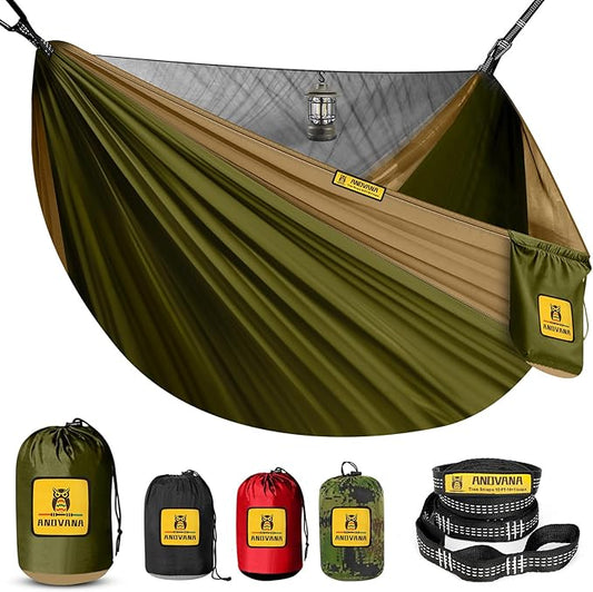 Camping Hammock with Mosquito Net, 600 lbs Portable Hammock with Tree Straps,2-in-1 Double/Single Travel Hammocks Tent for Outside/Indoor/Backpacking/Beach-Green&Khaki