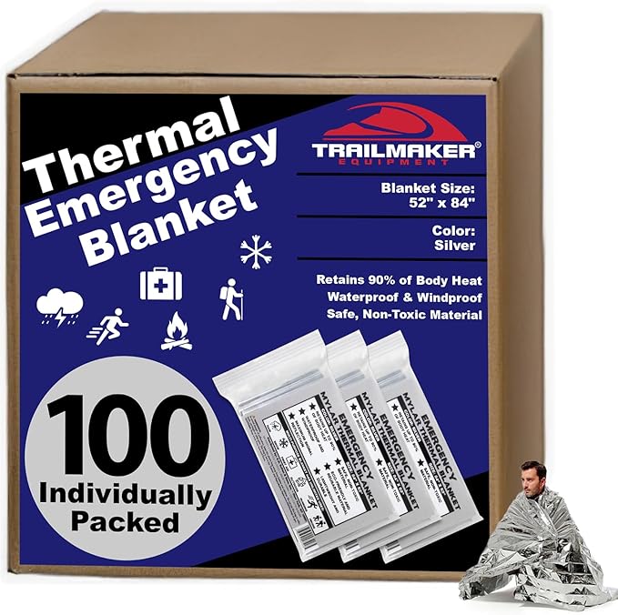 100 Mylar Emergency Survival Blankets Bulk | Emergency Blanket Bulk Mylar Survival Thermal Blankets 100 Pack Silver Foil Reflective Blankets for Cold Outdoors Camping Hiking First Responders, Runners