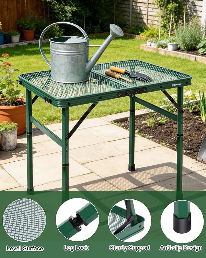 Small 2ft Folding Table with Carry Handle, Adjustable Height 10.6" or 22", Green Metal Mesh, Portable & Compact Indoor/Apartment/Card/Side/Grill Table, 23.6"Lx15.8"W, Lightweight 4 lb, 66 lb Capacity