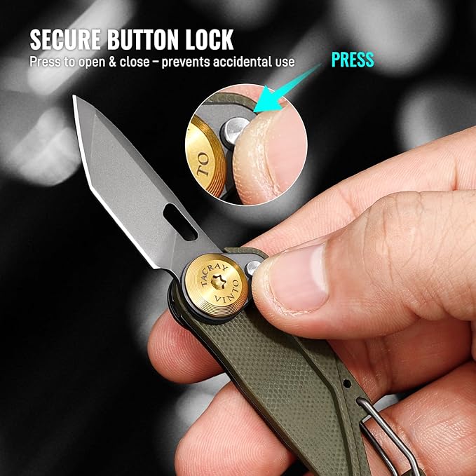 TACRAY Vinto 5-in-1 Small Pocket Knife – Ultra-Light Compact Multitool with Utility Knife, Seatbelt Cutter, Bottle Opener, Flathead Screwdriver & Keyring Attachment for Everyday Carry (Green)