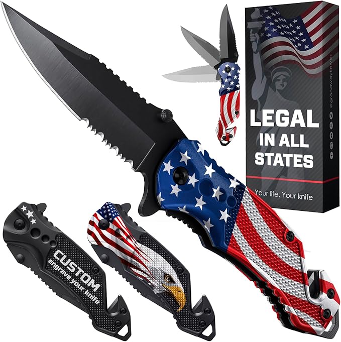 GOOD WORKER Legal Pocket Knife with 2.95” Serrated Blade, Glass Breaker, Seat Belt Cutter - EDC Sharp Folding Knives with Portable Clip - Small Tool for Tactical Camping Survival Hiking - Gifts for Men, Women