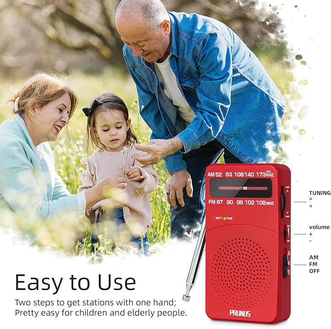 PRUNUS J-166 Portable Radio AM FM, Gifts for Dad and Mom, Battery Operated Radio with Tuning Light, Back Clip, Excellent Reception, AM FM Radios Portable, Transistor Radios