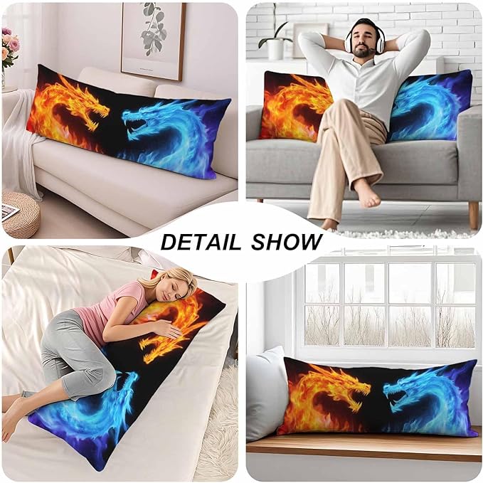Body Pillow Covers Dragon Body Pillowcase 20"X54", Blue Red Fiery Dragons Couch Side Sleeper Pillow Cases for Home Bedroom, Outdoor Body Cushion Cover for Men Women