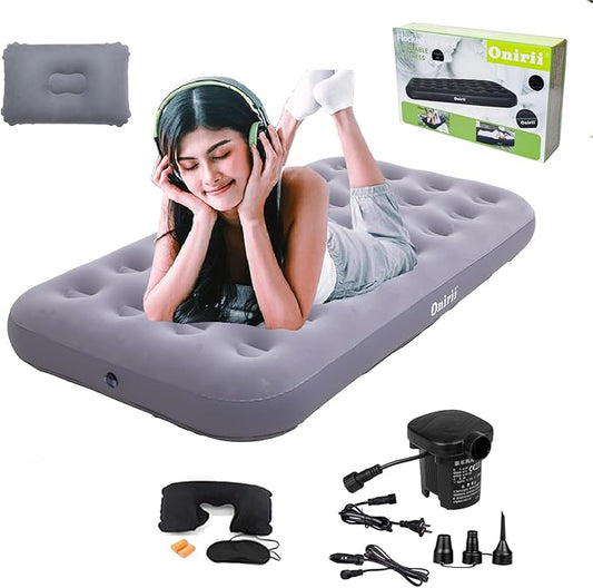 Onirii Twin Size Single Camping Air Mattress Bed with Air Pump,75"x 39"Thickened Portable Inflatable Mattress Blow Up Air Mattress,Travel Sleeping Bed Pad for Camping Home Hiking(Gray)