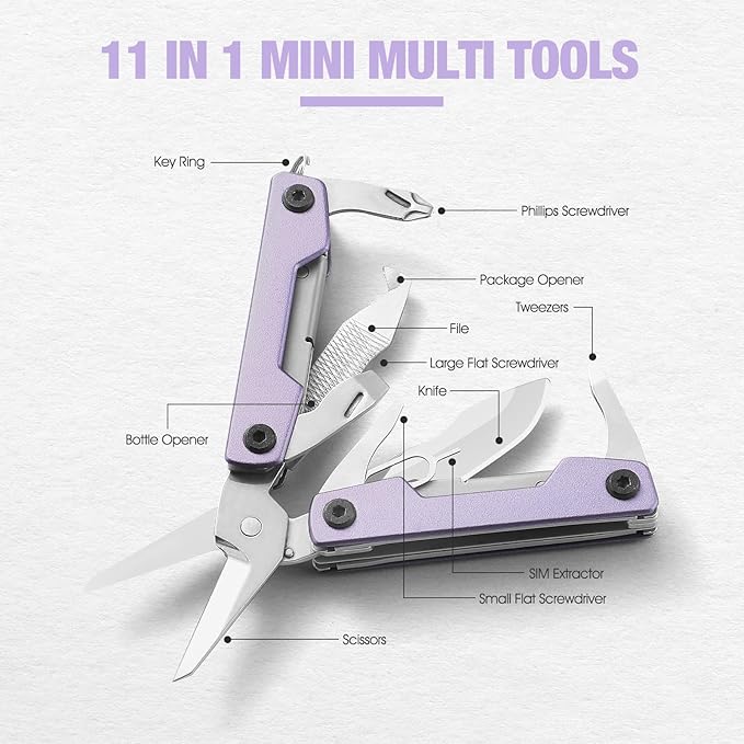 Multitool with Pocket Knife,Gifts for Men and Women, 11-in-1 Mini EDC Multitool with Screwdriver, Scissors, SIM Extractor and Bottle Opener, Perfect for Outdoor, Hiking, Simple Repair (Purple)