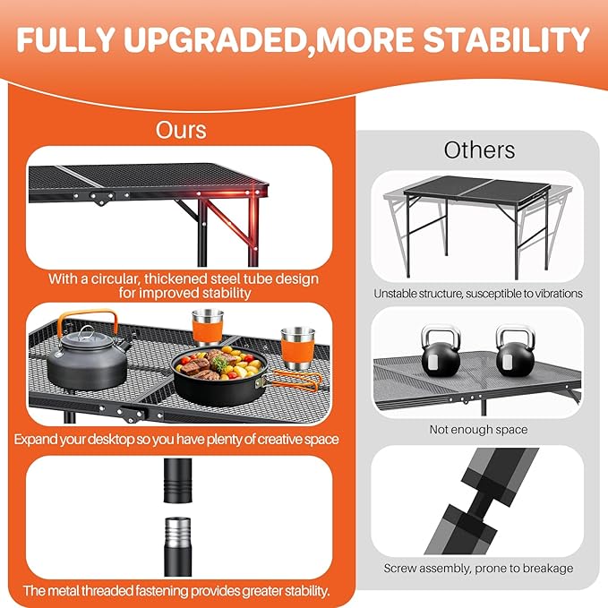 FUNYKICH Wider and Taller Grill Table 31.5''x21.6'', Max Height 29.4'' Portable Camping Tables, 2 Height Adjustable Lightweight Metal BBQ Table with Carry Handle for Camping, Picnic, BBQ, Black