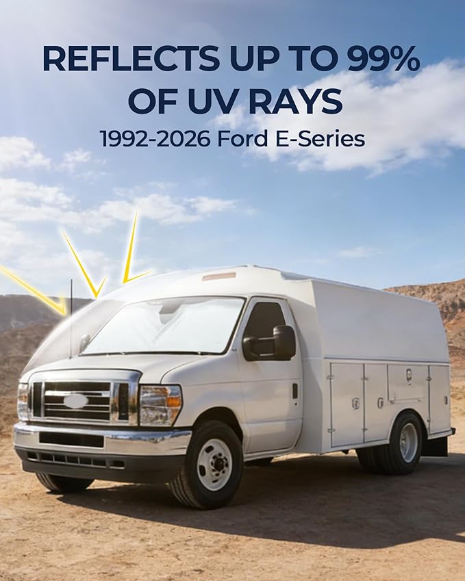 for Ford E-Series 1992-2026 Windshield & Side Window Sun Shade, Window Covers Accessories for E-150 E-250 E-350 E-450 Van Motorhome, UV Blocker ＆ Heat Protector, 3Pcs Window Shades for Privacy Napping