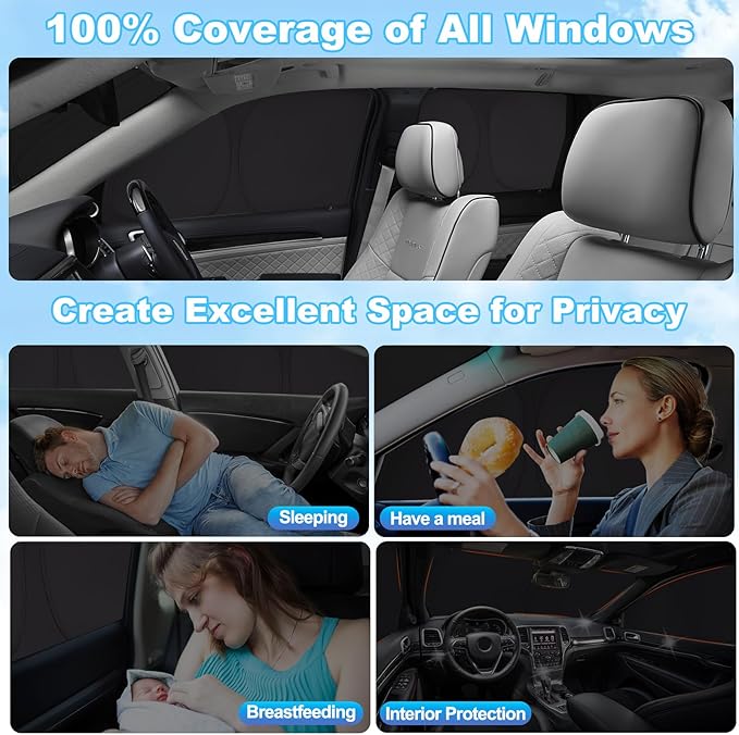 XCBYT 2010-2021 Grand Cherokee Full Coverage Window Shades | 6-Layer Blackout Insulated Sun & UV Protection | Custom Fit Privacy Covers for Camping, Sleeping & Car Living (8 PCS)