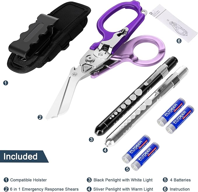 6 In1 Multifunction Emergency Response Shears, Stainless Steel Foldable Trauma Shears with Strap Cutter and Glass Breaker,Medical Scissors with Holster and Penlight Purple
