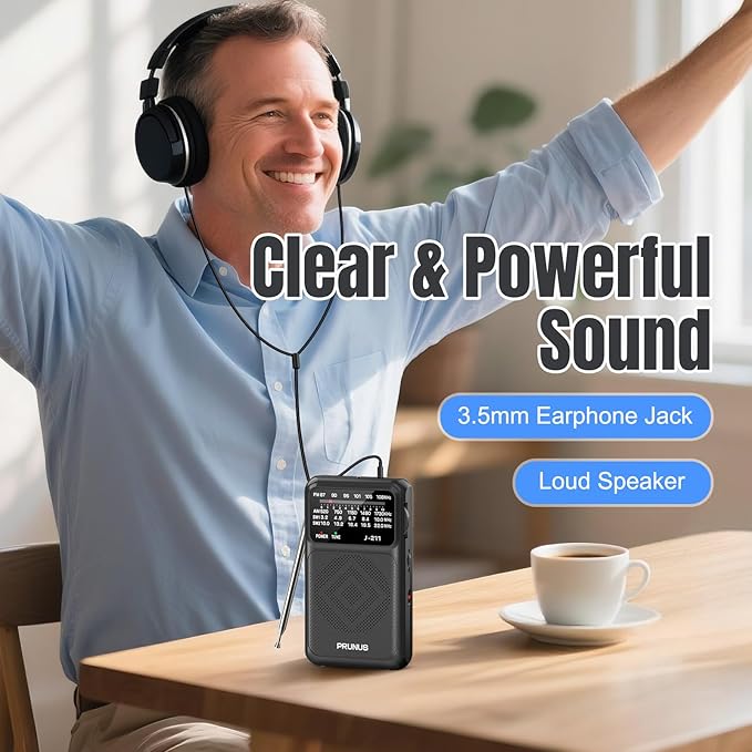 PRUNUS J-211 Portable Radio AM FM with USB C Charging and AA Battery Operated, Transistor Radio, Strong Reception& Clear Speaker, Headphone Jack, Back Clip, Lanyard, Small Radios Portable AM FM