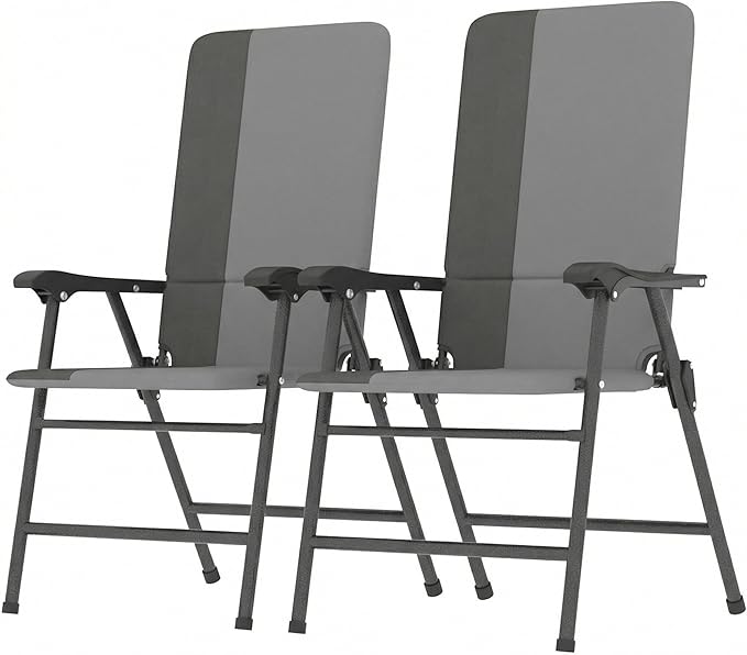 Outsunny Folding Patio Chairs Set of 2, Padded High Back Folding Lawn Chairs with Armrests, 600D Oxford Fabric, Portable Outdoor Camping Chair Set for Deck, Garden, Backyard, Light Gray