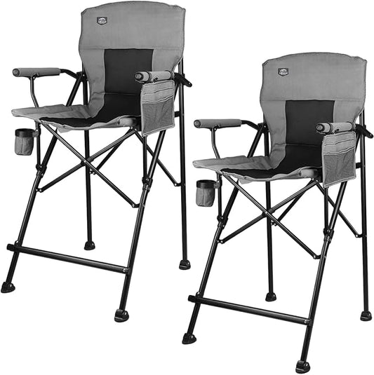 LANMONTAIN 2 Pack Tall Folding Camping Chairs,30.7'' Seat Height Portable Hard Arm Bar Chairs w/Cup Holder,Side Mesh Pocket and Footrest,Heavy Duty Support 350 Lbs Comfy Director Chairs,Black&Grey