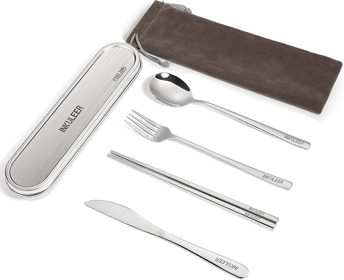INKULEER Travel Cutlery Set - 18/8 Stainless Steel Reusable Utensils with Metal Case, Portable Silverware for Camping, Office, Travel & Outdoor Dining