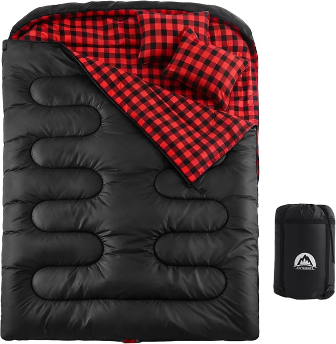 Swtmerry Double Sleeping Bag for Adults with 2 Pillows, Big & Tall Queen Size XL Sleeping Bag for 2 Person, Waterproof & Lightweight Warm for 3 Seasons, Cold Weather,Camping, Hiking & Backpacking