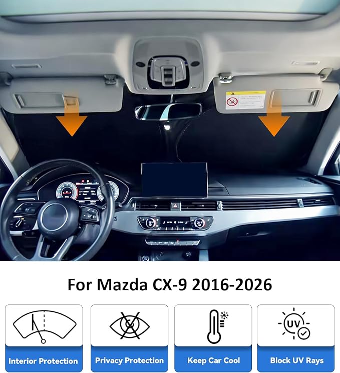 Windshield Sun Shade for Mazda CX9 2016-2026 Accessories, Car Front Window Sun Visor & Heat Shield | 240T Sunshade Protection Blocks UV Rays Keep Your Car Cooler