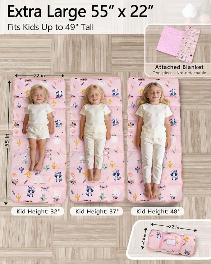 Primlect Thickened Toddler Nap Mat with Removable Pillow and Minky Blanket, Extra Large 55''x35'' Sleeping Bag, Washable, Roll up, Perfect for Daycare, Preschool, Kindergarten, Boys and Girls Pink Fox