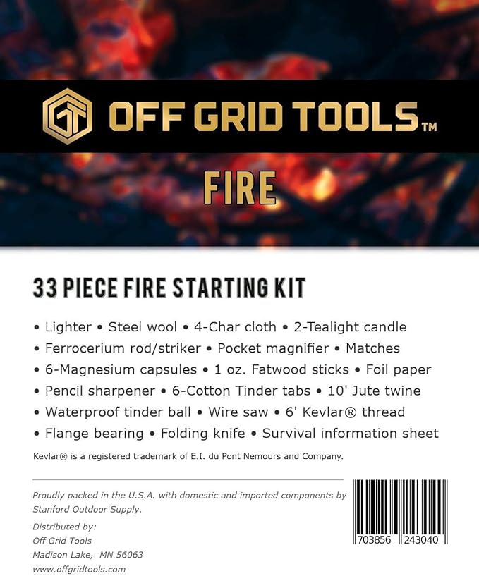 Off Grid Tools Fire Starting Kit, 33 Pieces Outdoor Survival Kit, Resealable Waterproof Bag, Includes Survival Information Sheet, Tactical Gear & Accessories