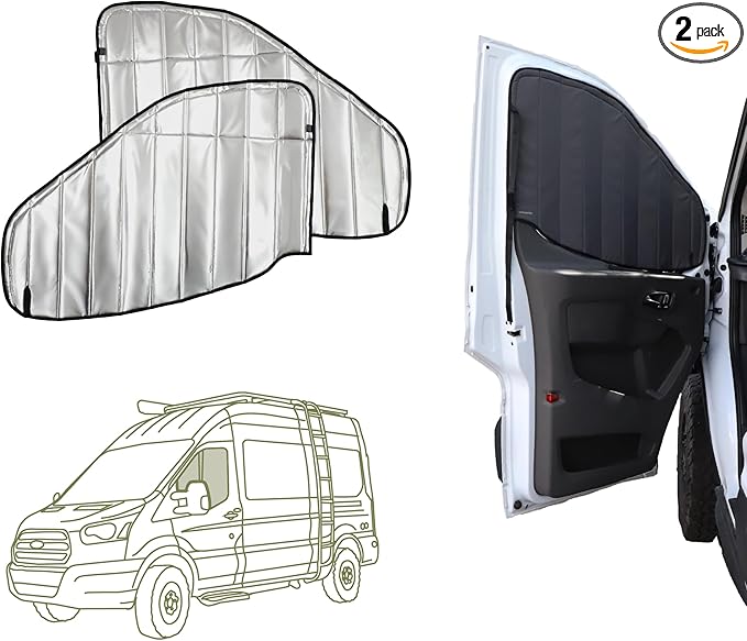 VanEssential Insulated Reflective Blackout Window Covers Designed for Ford Transit High/Medium Roof Front Door Windows (Pair) - Black Reflective