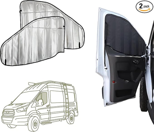 VanEssential Insulated Reflective Blackout Window Covers Designed for Ford Transit High/Medium Roof Front Door Windows (Pair) - Black Reflective