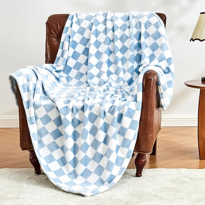 Edenleaf Checkered Blanket Flannel Throw Blankets Soft Cozy Checkered Grid Print Chessboard Gingham Pattern Throws for Bed Sofa Couch for All Seasons, 60x80 Inch, Blue