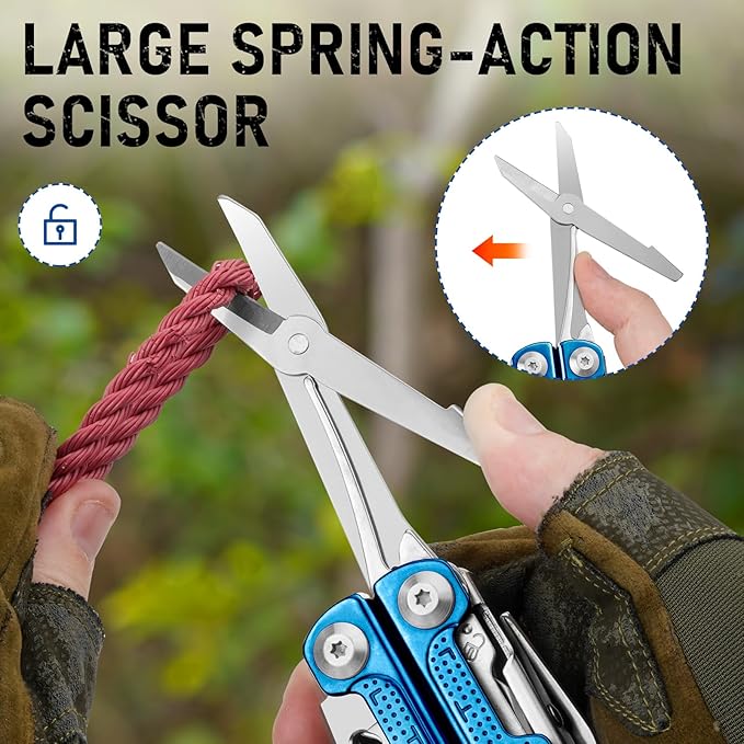 BIBURY Multitool Pliers BI2049BL with Blue Titanium Handle, EDC Multi Tool with Replaceable Wire Cutter, Full-Size Scissors and Screwdirver Set, Heavy Duty Hand Tool for DIY, Repair, Camping, Survival