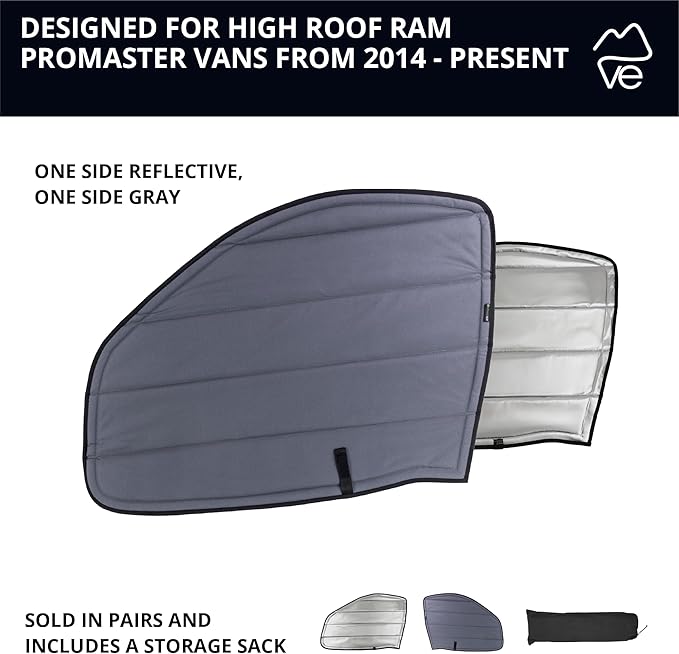 VanEssential Insulated Reflective Blackout Front Door Window Covers Designed for RAM Promaster Van Years 2014 to Current Model (Pair) - Charcoal Gray Reflective