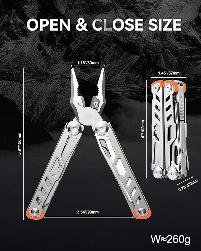 Multitool 15-in-1 Stainless Steel Multi Tool Pliers with Knife, Spring-Action Pliers and Scissors, Multitool for Survival, Camping, Hiking, Gifts for Men (Grey)