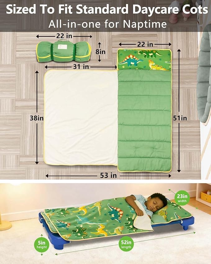 Primlect Lightweight Toddler Nap Mat, Portable Rolled Design Perfect for Daycare Travel, 51”x31 All-in-One Sleeping Bag with Removable Pillow and Fleece Blanket for Boys Girls, Machine Washable