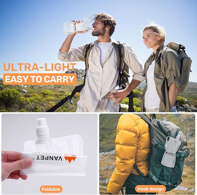 VANPET 1L Hiking Collapsible Water Bottles, 33OZ BPA-Free Plastic Flasks, Reusable Drink Bags, Foldable Backpacking Water Bottle for Travel Camping Hiking (2-Pack)