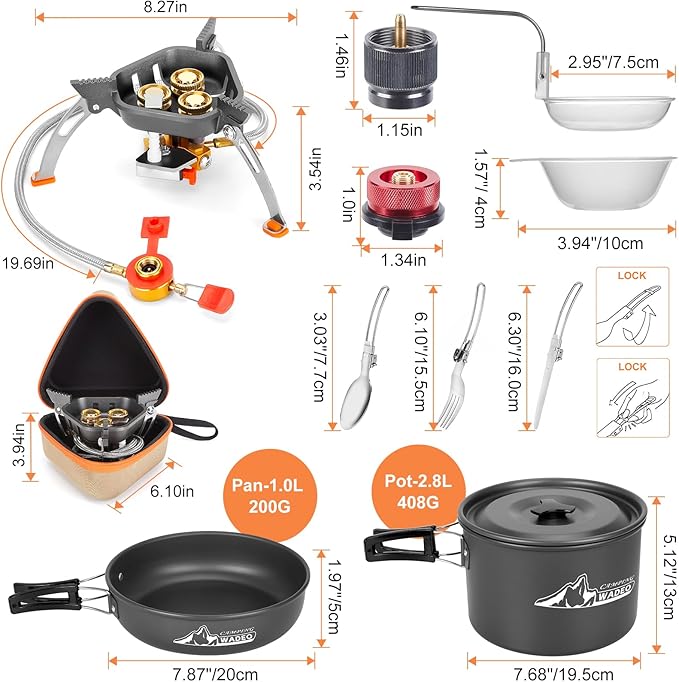 WADEO Camping Cookware Mess Kit with 7200W Camping Stove, 14PCS Non-Stick Camping Pot Pan Set with Stainless Steel Fork Knive Spoon for Camping Backpacking Hiking Outdoor Cooking and Picnic