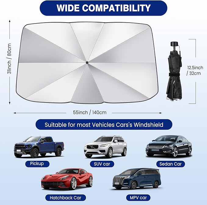 Windshield Sun Shade Umbrella, 55" x 31" Car Sun Shade Windshield Cover, Foldable Car Front Window Protector for Cars, SUVs, Hatchback