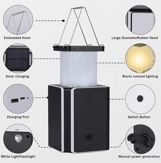 Solar LED Rechargeable Emergency Camping Lantern,White Solar Rechargeable,Rechargeable Type C,Emergency Lights Hand-Crank Power Generation,Phone Power Supply Function,flashlights