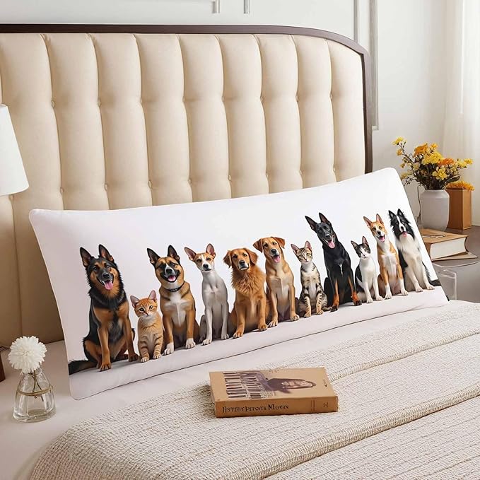 Body Pillow Covers Cats and Dogs Body Pillowcase 20"X54", Kitten Puppy Cute Pillow Cases for Home Bedroom, Outdoor Pillows Body Cushion Cover for Men Women