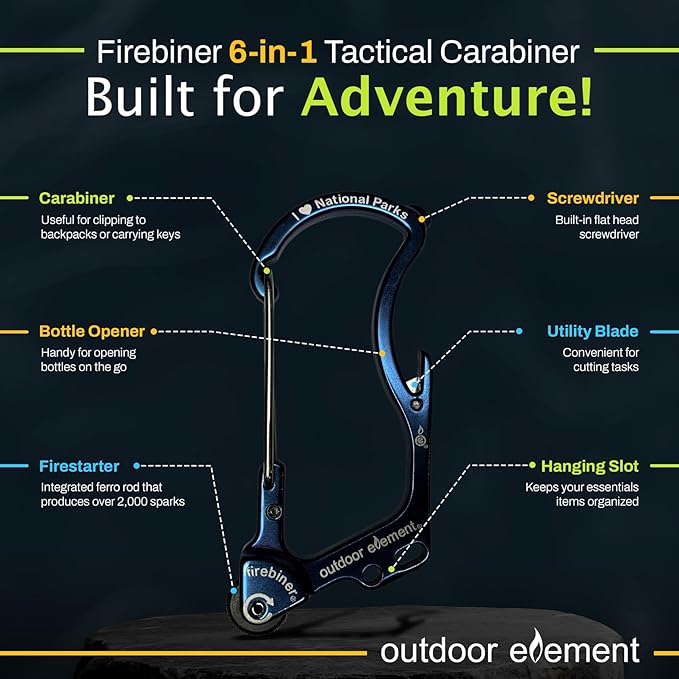 OUTDOOR ELEMENT Firebiner Custom Engraved 6-in-1 Fire Starter Carabiner Multitool – Survival Gear EDC Keychain with Utility Blade, Bottle Opener, Screwdriver, Emergency Tool
