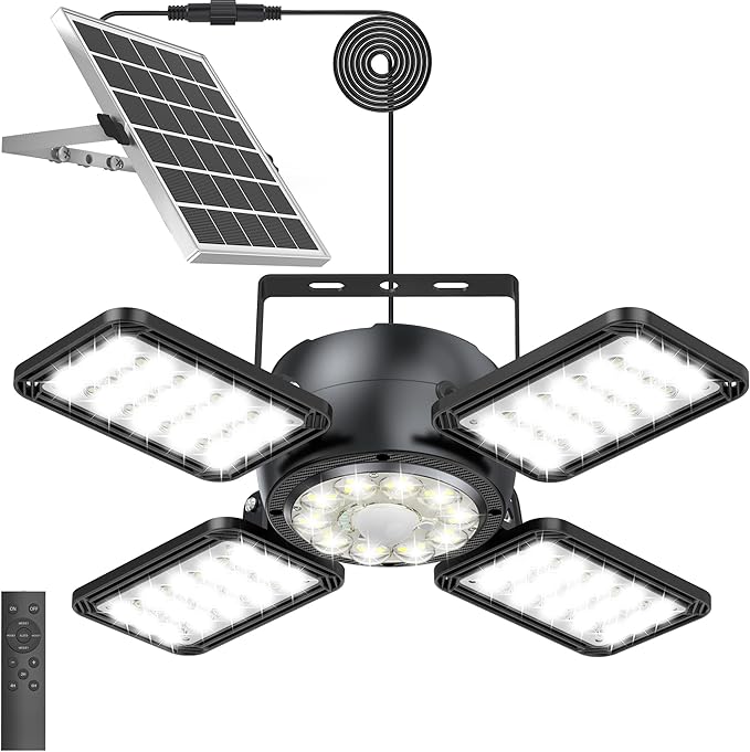 INXPHY Solar Shed Light Outdoor Indoor, Upgrade 6500K 1200Lumen 174 LEDs Motion Sensor Pendant Light, 120°Adjustable 4+1 Solar Powered Lights Camping Plants Garage Waterproof Remote & Timer