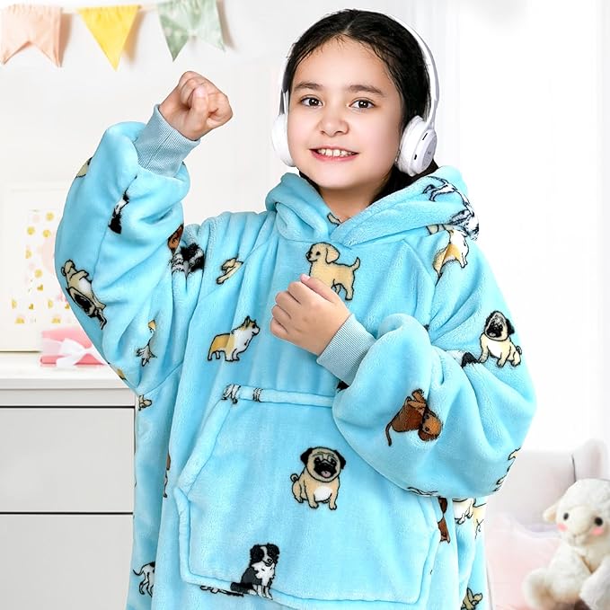 Waitu Wearable Blanket for Kids, Wearable Blanket Hoodie Gifts for Teens Girls and Boys, Warm Blanket Sweatshirt for Teenage, Hoodie Blanket with Sleeves - Light Blue